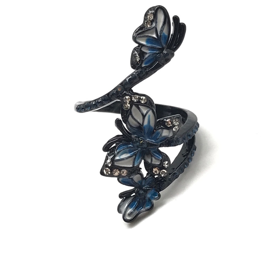 Pretty Blue White Enamel Crystal Butterfly Statement Wrap Ring